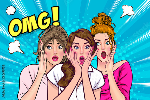 Woman whispering gossip secret to her friend surprise In Retro Vintage Pop Art Comic Style