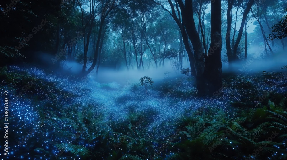 A mystical forest scene illuminated by glowing blue lights among lush greenery and fog. A mystical forest scene illuminated by glowing blue lights among lush greenery and fog.