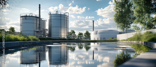 A modern water treatment plant with industrial tanks, pipes, and clear water reflecting the blue sky and clouds under bright daylight