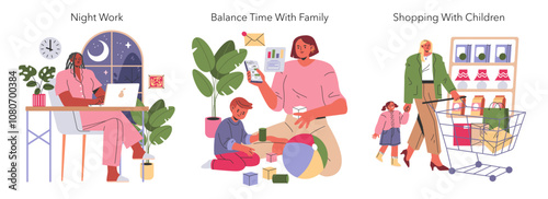 Working Mom Life. Flat Vector Illustration