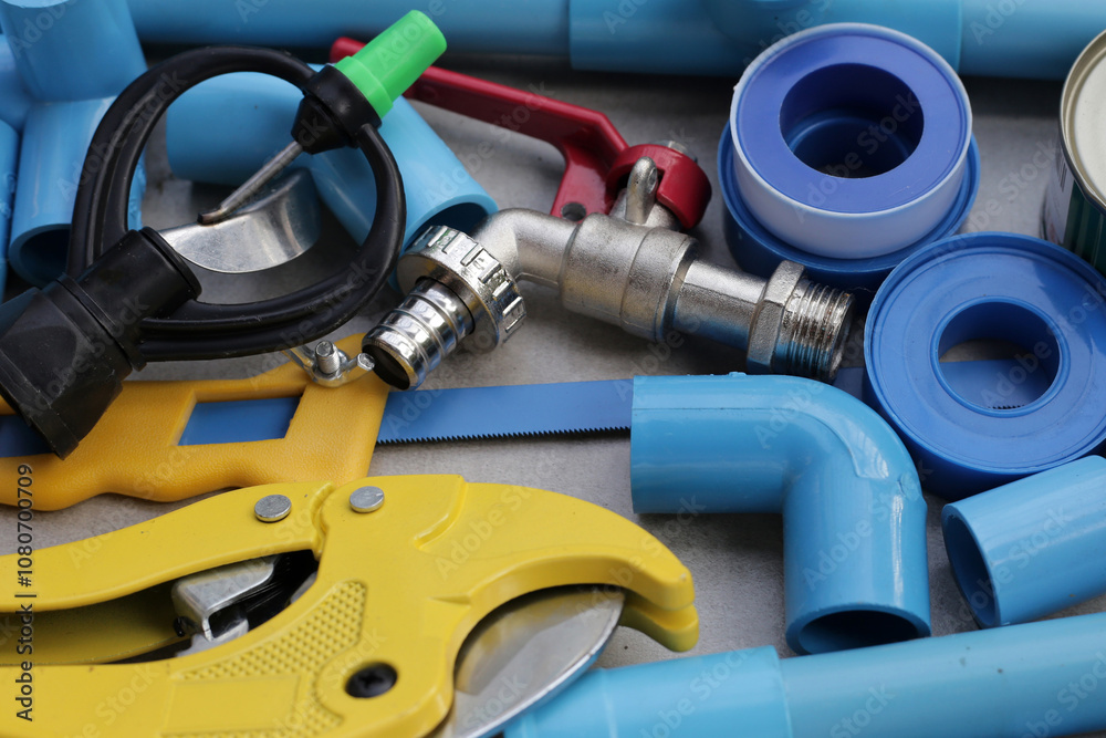 Plumber equipment with blue pvc pipe connections for plumbing work. Plumber equipment with blue pvc pipe connections for plumbing work.