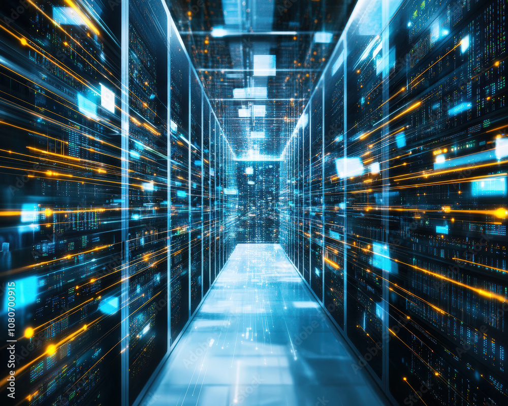 massive futuristic data room with glowing servers and vibrant data streams, creating sense of advanced technology and innovation massive futuristic data room with glowing servers and vibrant data streams, creating sense of advanced technology and innovation