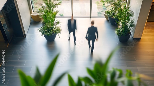 Business professionals walking in a modern office lobby surrounded by vibrant greenery and natural light, creating a dynamic and inviting atmosphere for collaboration. photo