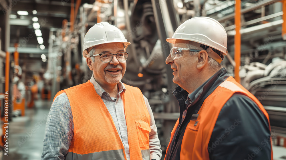 Happy engineers wearing safety helmets and orange vests discuss work in a busy factory environment during the day Happy engineers wearing safety helmets and orange vests discuss work in a busy factory environment during the day