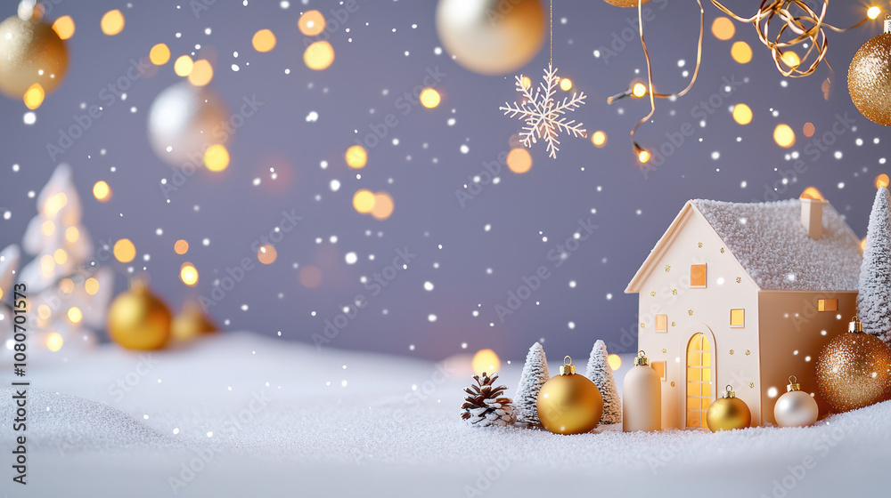 Fototapeta premium Cozy winter scene featuring a miniature house surrounded by snowy decorations, golden ornaments, and softly falling snowflakes