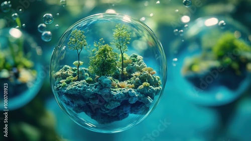 A miniature forest with trees and plants inside a transparent bubble underwater.