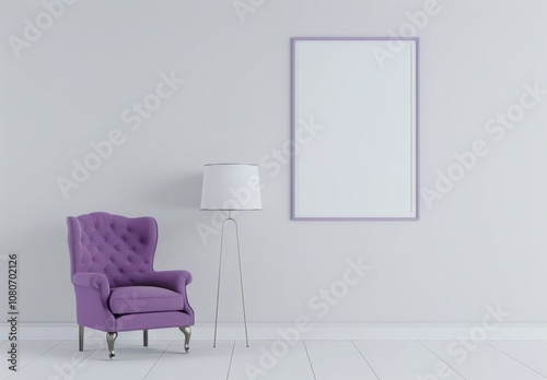 A white minimalist living room with a purple armchair, floor lamp, potted plant, and a blank frame on the wall