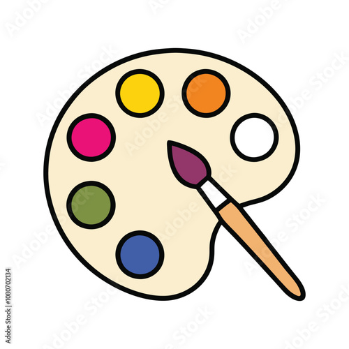 Paint Tray with Brush Flat Color Vector Clipart Illustration.