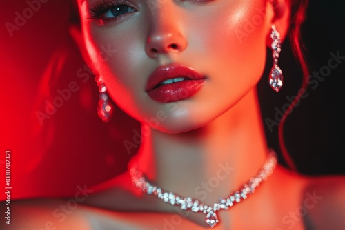 A stunning close-up portrait of a beautiful woman showcasing elegant jewelry. Her glamorous look is accentuated by striking red lighting. Generative AI