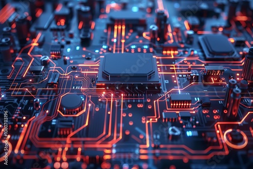 Detailed image of a circuit board with vibrant red and blue lights, showcasing modern technology and electronic innovation.