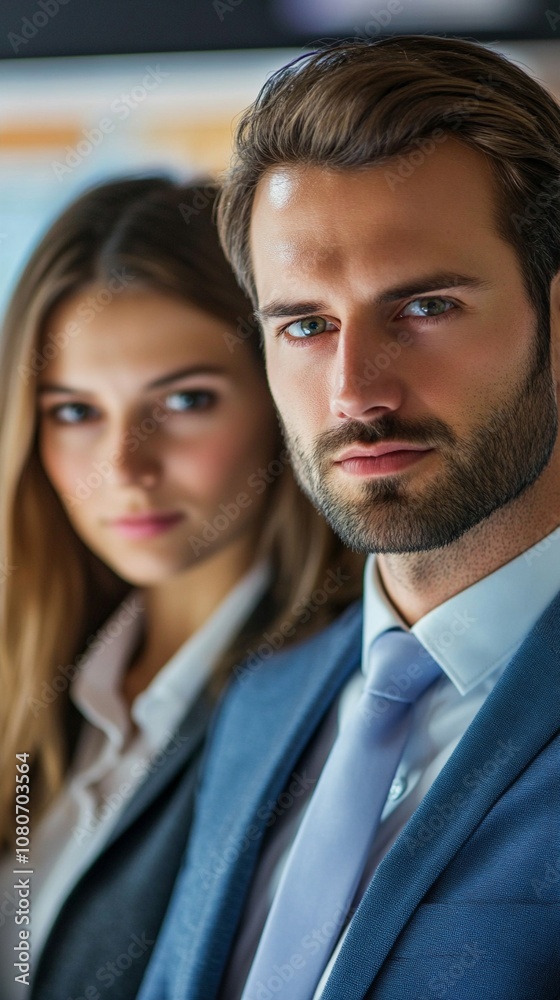 Close-up portrait of a confident businessman in a blue suit and tie, with a female colleague in the background, showcasing professional partnership. Close-up portrait of a confident businessman in a blue suit and tie, with a female colleague in the background, showcasing professional partnership.