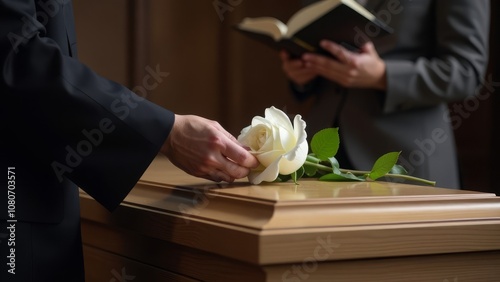 Elegant rose on wooden coffin during solemn funeral ceremony with mourners