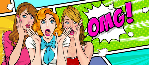 Woman whispering gossip secret to her friend surprise In Retro Vintage Pop Art Comic Style