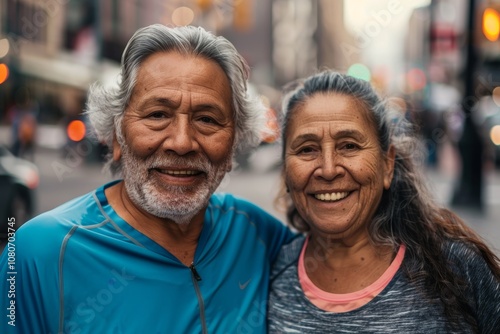 Portrait of a cheerful latino couple in their 70s wearing a moisture-wicking running shirt in front of busy urban street