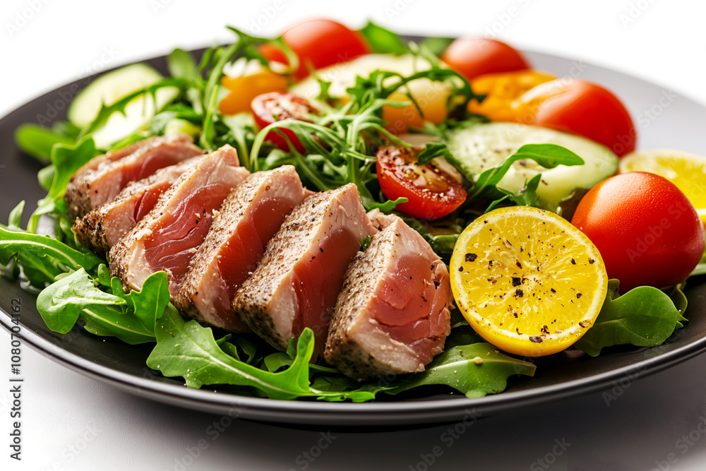Nicoise salad isolated on white with eggs, tuna, and vegetables, on white background, close up, perfect for illustrating Mediterranean cuisine in magazines, menus, food blogs, recipe books Nicoise salad isolated on white with eggs, tuna, and vegetables, on white background, close up, perfect for illustrating Mediterranean cuisine in magazines, menus, food blogs, recipe books