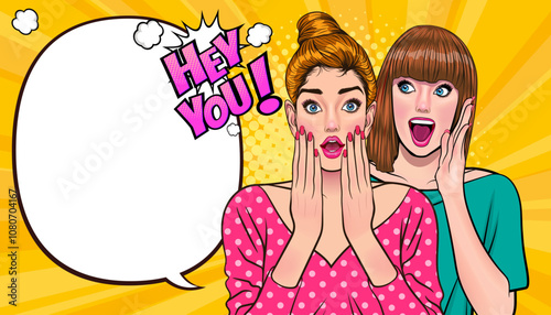 Woman whispering gossip secret to her friend surprise In Retro Vintage Pop Art Comic Style