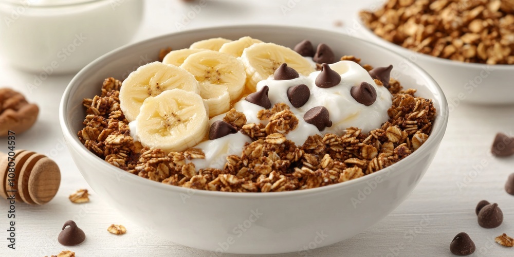 Bowl of Granola with Banana Slices, Honey, and Chocolate Chips Accompanied by Greek Yogurt on White Table. Bowl of Granola with Banana Slices, Honey, and Chocolate Chips Accompanied by Greek Yogurt on White Table.