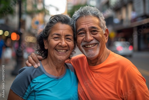Portrait of a cheerful latino couple in their 70s wearing a moisture-wicking running shirt isolated in busy urban street