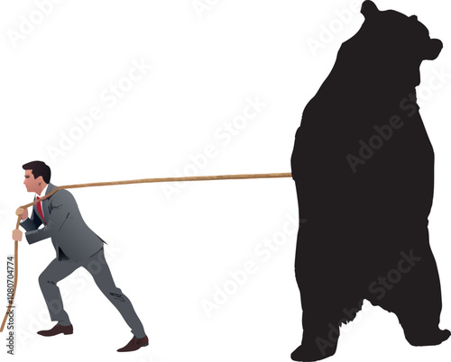 Businessman pulling rope against bear market shadow