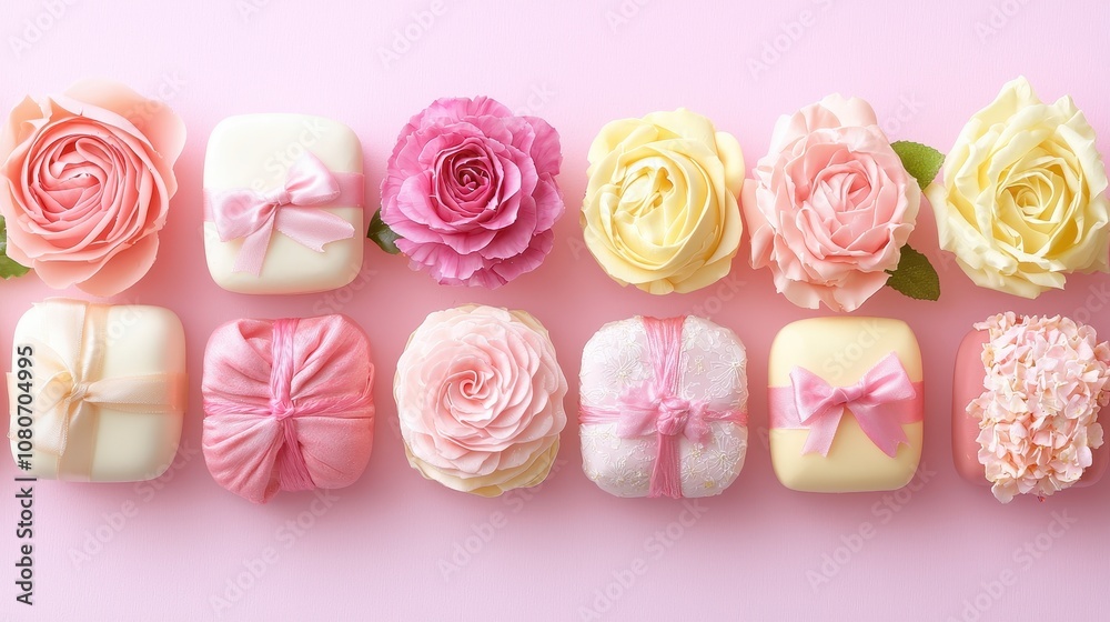 Elegant Arrangement of Pink and Yellow Roses with Soft Gifts on a Pastel Background for Celebrations and Special Occasions Elegant Arrangement of Pink and Yellow Roses with Soft Gifts on a Pastel Background for Celebrations and Special Occasions