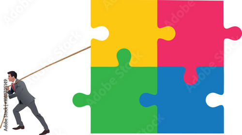 Businessman pulling large colorful puzzle pieces with rope