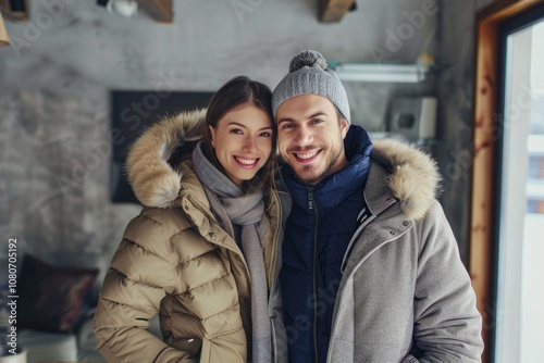 Portrait of a content caucasian couple in their 20s wearing a warm parka over modern minimalist interior