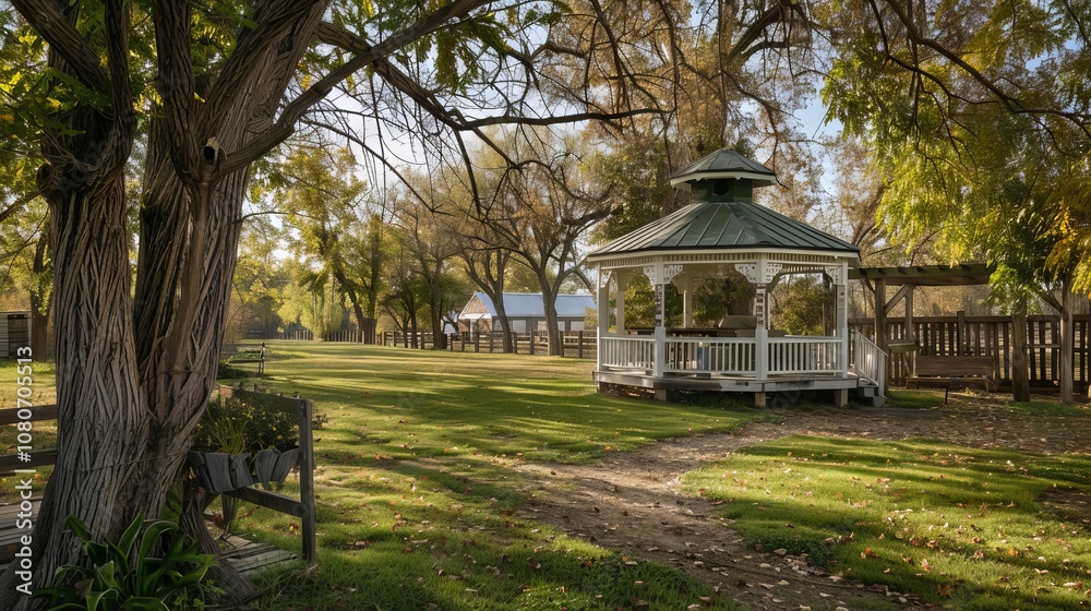 A gazebo sits in a grassy field. The gazebo is surrounded by trees and a fence