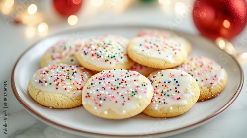 Plate of holiday cookies with colorful icing and sprinkles, Christmas decorations around, inviting festive treats,