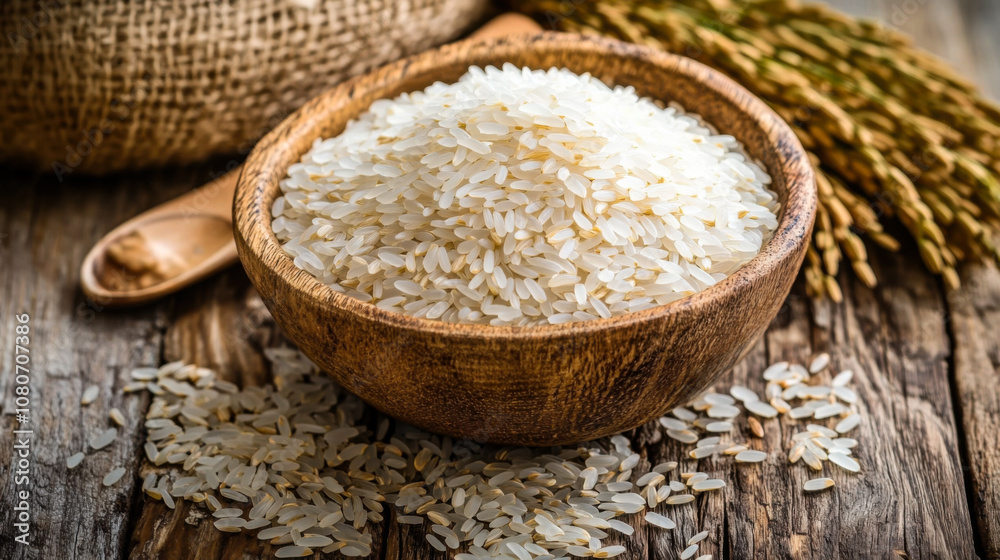 Freshly harvested rice grains in a wooden bowl surrounded by dried rice stalks on a rustic wooden table