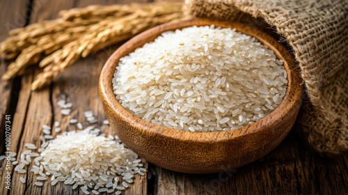 Freshly harvested rice grains in a wooden bowl surrounded by dried rice stalks on a rustic wooden table