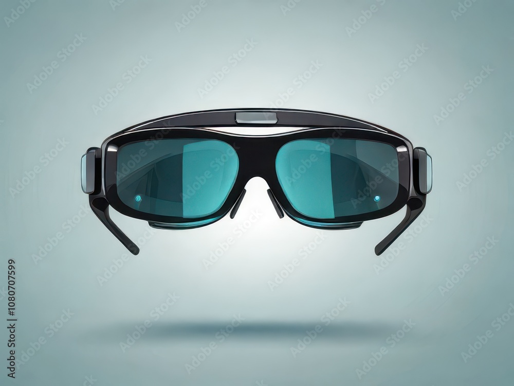 A high-tech of virtual reality glasses featuring sleek, black frames and blue tinted lenses, set against a neutral background