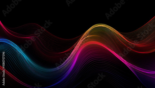 Colorful smooth wave lines Wave element black background Designed with a material that has a surface similar to a translucent frosted coating with a soft but luxurious texture. With translucent proper