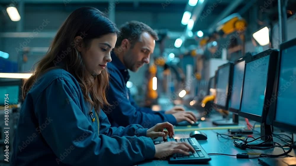 Two Industrial Workers Monitoring Production on Computers in a Modern Factory Two Industrial Workers Monitoring Production on Computers in a Modern Factory