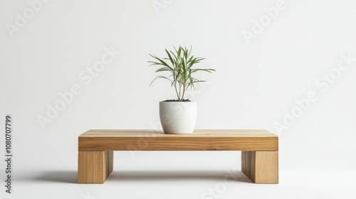 Wooden coffee table with a single plant pot, minimalistic, white background,