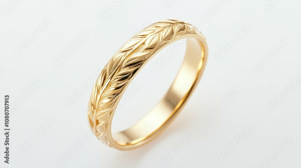 Single gold ring with subtle engraving, isolated on white, Single gold ring with subtle engraving, isolated on white,