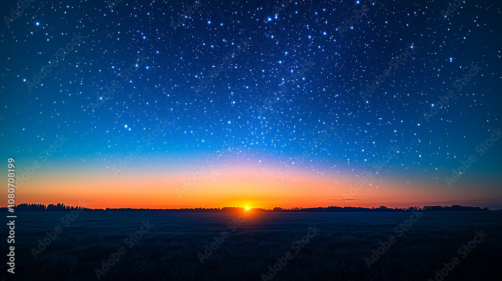 Fototapeta premium Breathtaking landscape featuring a vibrant sunset with a starry sky, illuminating the horizon over a peaceful field