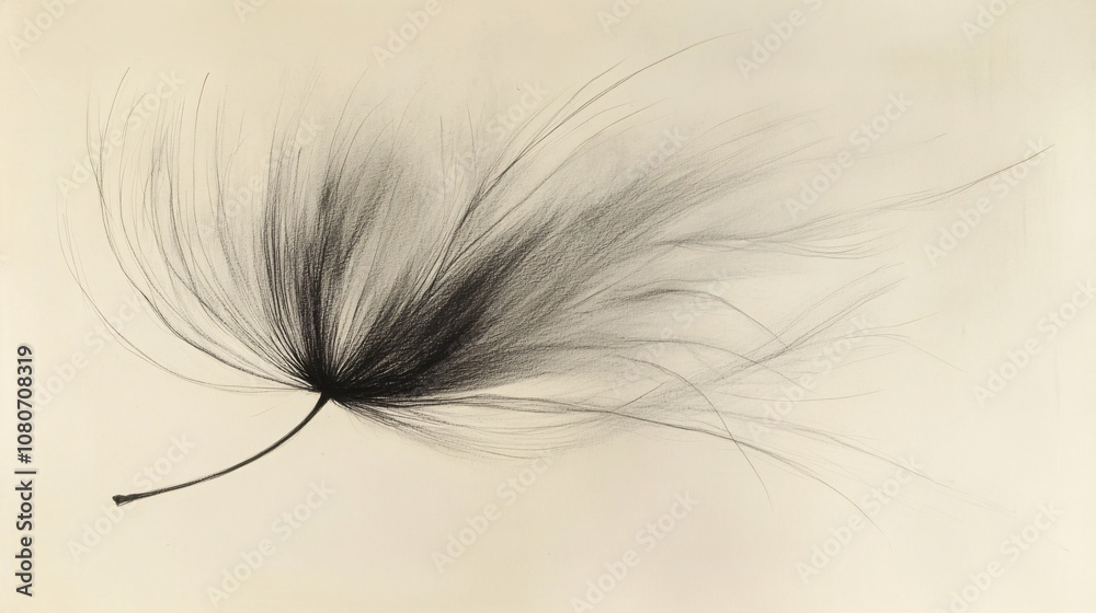 Elegant black and white sketch of one dandelion seed drifting softly in the wind, with fine lines and minimalist shading Elegant black and white sketch of one dandelion seed drifting softly in the wind, with fine lines and minimalist shading