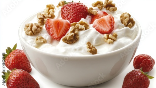 Greek Yogurt with Strawberries and Walnuts, Garnished with Honeyed Nuts, Showcasing Sacred Geometry photo