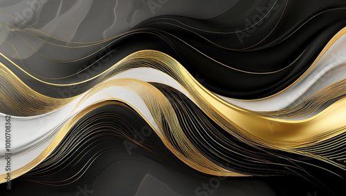 Gold smooth wave lines Wave element black background Designed with a material that has a surface similar to a translucent frosted coating with a soft but luxurious texture. With translucent proper