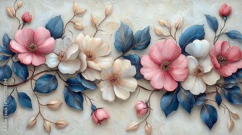 Garland of white and pink flowers with blue leaves.