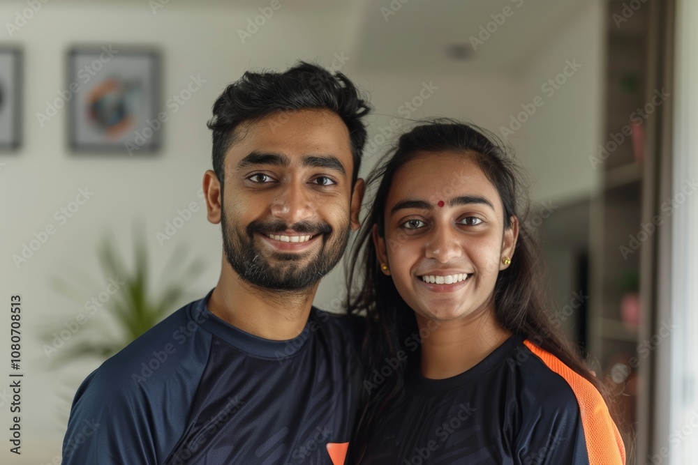 Portrait of a smiling indian couple in their 20s sporting a breathable mesh jersey over modern minimalist interior Portrait of a smiling indian couple in their 20s sporting a breathable mesh jersey over modern minimalist interior