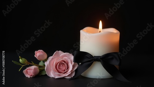 Elegant candle with pink roses and black bow on dark background for tranquil mood