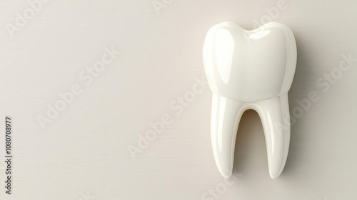 A close-up of a shiny white tooth against a soft, neutral background, symbolizing dental care and hygiene. photo