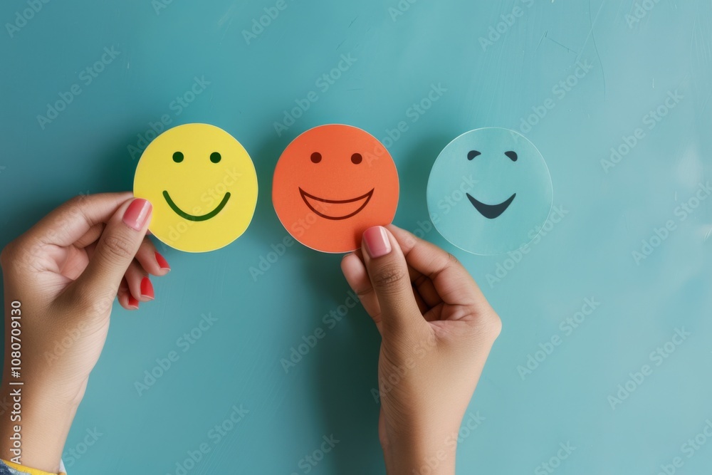 Two hands hold colorful smiley face papers one bright yellow one vibrant orange and one tranquil blue capturing the importance of positive feedback and mental well being in assessments. Two hands hold colorful smiley face papers one bright yellow one vibrant orange and one tranquil blue capturing the importance of positive feedback and mental well being in assessments.