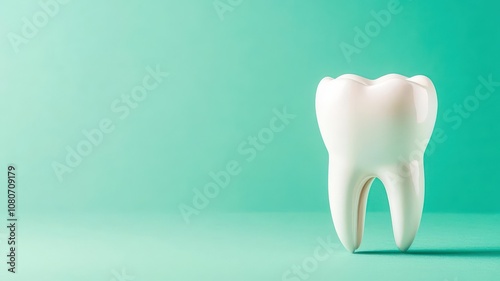 A close-up view of a cartoonish white tooth against a mint green background, symbolizing dental care and hygiene.