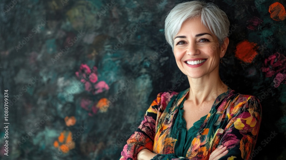 Cheerful beautiful mature woman with a vibrant smile standing against a dark craft background.Senior lady with grey hair wearing bohemian style with a happy and cool smile on face. Healthy person. Cheerful beautiful mature woman with a vibrant smile standing against a dark craft background.Senior lady with grey hair wearing bohemian style with a happy and cool smile on face. Healthy person.