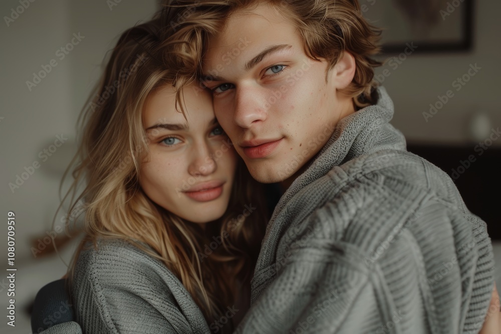 Portrait of a tender caucasian couple in their 20s wearing a thermal fleece pullover isolated in modern minimalist interior Portrait of a tender caucasian couple in their 20s wearing a thermal fleece pullover isolated in modern minimalist interior