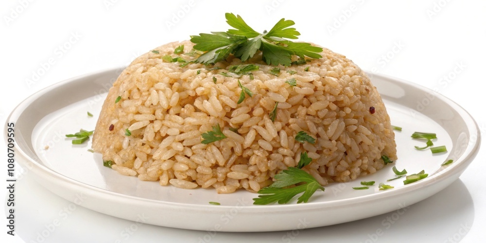 A portion of whole grain brown rice with individual grains wellcooked and slightly sticky arranged neatly on a simple white plate garnished with a sprinkle of fresh herbs. A portion of whole grain brown rice with individual grains wellcooked and slightly sticky arranged neatly on a simple white plate garnished with a sprinkle of fresh herbs.