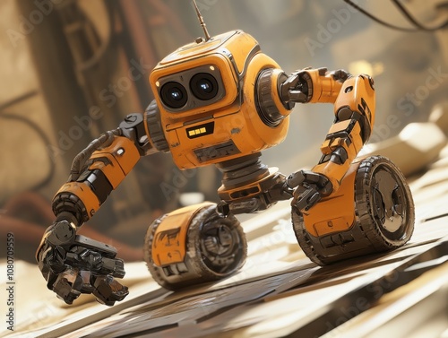 A cute, orange, wheeled robot with a friendly face and large, blue eyes stands on a surface.