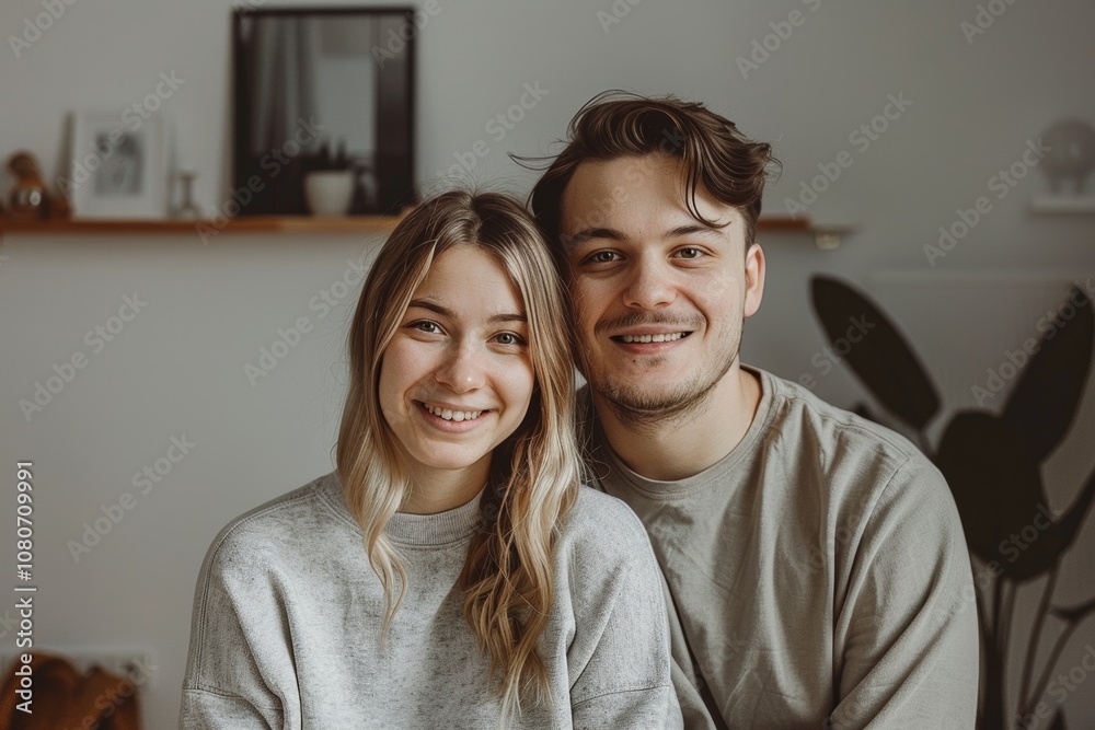 Portrait of a glad caucasian couple in their 20s sporting a long-sleeved thermal undershirt isolated in modern minimalist interior Portrait of a glad caucasian couple in their 20s sporting a long-sleeved thermal undershirt isolated in modern minimalist interior